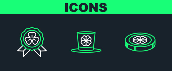 Set line Gold coin with four leaf clover, Medal and Leprechaun hat and icon. Vector