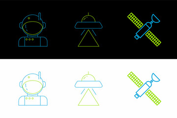 Set line Satellite, Astronaut and UFO flying spaceship icon. Vector