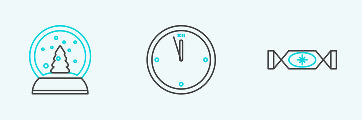 Set line Candy, Christmas snow globe and Clock icon. Vector