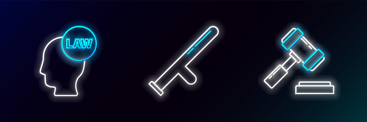 Set line Judge gavel, Head with law and Police rubber baton icon. Glowing neon. Vector