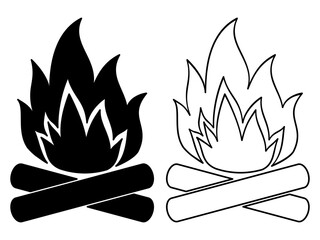 Bonfire icon silhouette and outline set. Bonfire vector illustration isolated on white background.