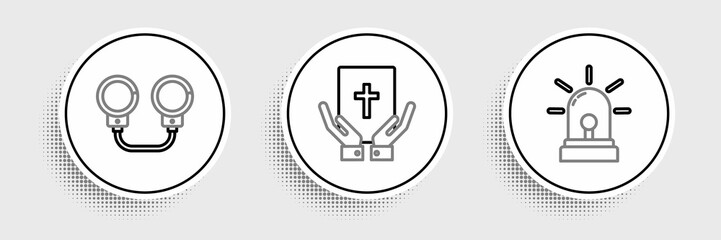 Set line Flasher siren, Handcuffs and Oath on the Holy Bible icon. Vector