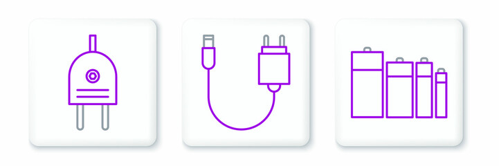 Set line Battery, Electric plug and Charger icon. Vector