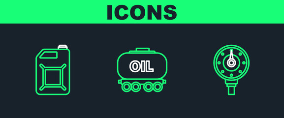 Set line Motor gas gauge, Canister for gasoline and Oil railway cistern icon. Vector