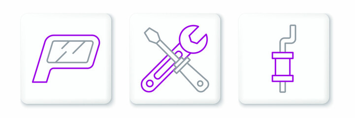 Set line Car muffler, mirror and Screwdriver and wrench tools icon. Vector