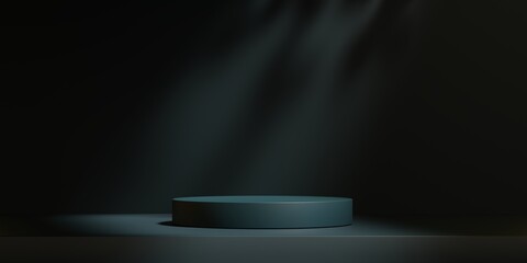 Blue podium or pedestal on black background. Minimal cosmetic background for product presentation. 3d rendering. Cosmetic, beauty. Horizontal display mockup