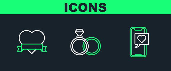 Set line Smartphone with heart speech bubble, Heart and ribbon and Wedding rings icon. Vector