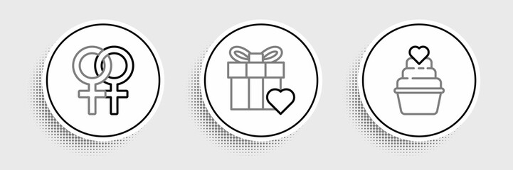 Set line , Female gender symbol and Gift box and heart icon. Vector