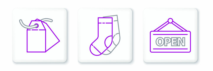 Set line Hanging sign with Open, Blank label template price tag and Socks icon. Vector