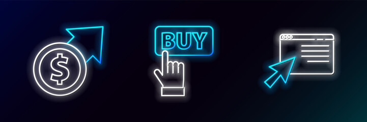 Set line Online shopping on screen, Financial growth and coin and Buy button icon. Glowing neon. Vector