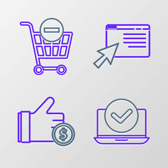 Set line Laptop, Hand holding coin, Online shopping on screen and Remove cart icon. Vector