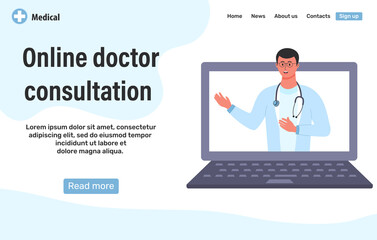 Web page design template for online doctor consultation. Doctor with stethoscope on the laptop screen. Modern Health Care Services and Online Telemedicine Concept.