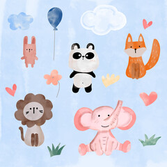 Naklejka premium Set of cute nursery watercolor cartoon animals