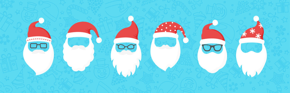Santa Claus face vector icon, Christmas cartoon character, cute winter man with breard and hat. Holiday illustration on blue background