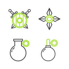 Set line Hand grenade, Japanese ninja shuriken and Wooden shield with crossed swords icon. Vector