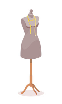 Vintage female mannequin without clothes for dressmaker or fashion designer. Measuring tape is thrown over top of manikin. Concept of sewing atelier or fashion house. Vector isolated illustration.
