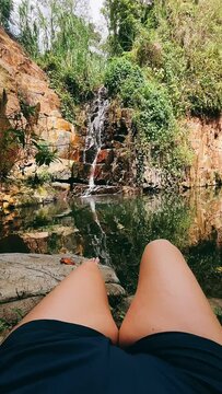 Person relaxing, OUtdoors, Waterfalls, Person laying down Looking at waterfall, Waterfall in the jungle, Puerto Rico, POV, Point of VIew