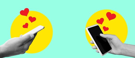 Art collage. Hand holding smartphone. Man and woman couple sent love heart holding a smartphone.