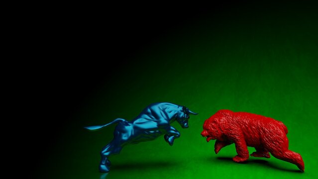 Blue painted bull and red bear sculpture staring at each other in dramatic contrasting light representing financial market trends under green-black background. Concept images of stock market. 3D CG.