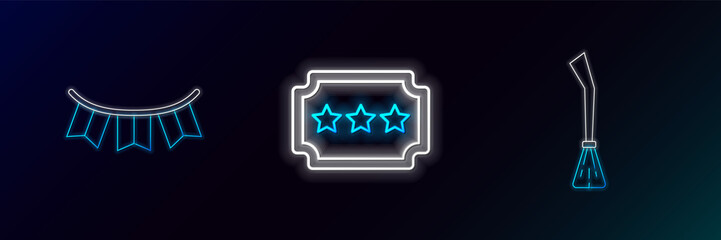 Set line Witches broom, Carnival garland with flags and Ticket icon. Glowing neon. Vector