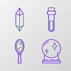Set line Magic ball, hand mirror, Bottle with love potion and stone icon. Vector
