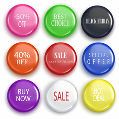 Set of glossy sale buttons or badges. Product promotions. Discount tag collection. Big sale, 50% off, special offer. Vector.