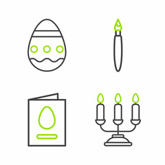 Set line Candelabrum with candlesticks, Greeting card Happy Easter, Paint brush and egg icon. Vector