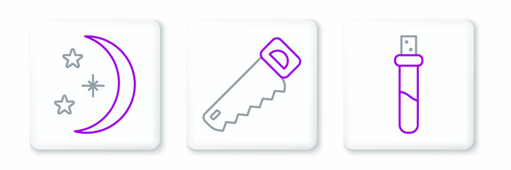 Set line Bottle with love potion, Moon and stars and Hand saw icon. Vector