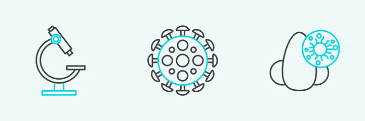 Set line Runny nose and virus, Microscope and Virus icon. Vector