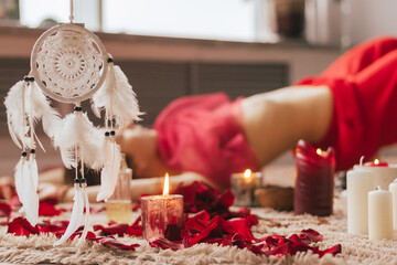 Woman are engaged in oriental practices breathing exercises Mental health woman Alternative medicine