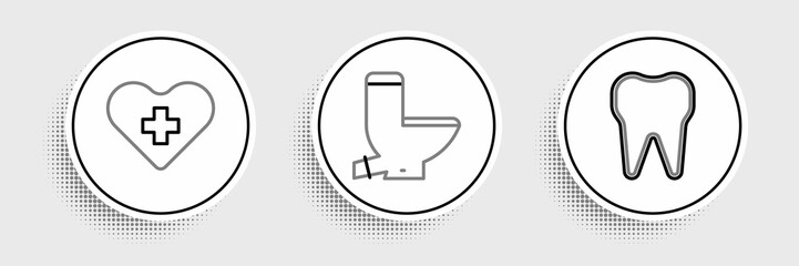 Set line Tooth, Heart with a cross and Toilet bowl icon. Vector