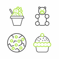 Set line Cupcake, Cookie or biscuit, Jelly bear candy and Ice cream in bowl icon. Vector
