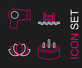 Set line Swimming pool with ladder, Lotus flower, and Hair dryer icon. Vector