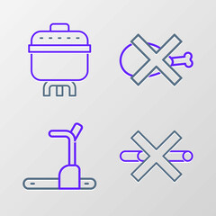 Set line No Smoking, Treadmill machine, meat and Cooking pot icon. Vector
