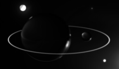 Planets on a blurred black background. Space background with planets blur.Blurred planet with a ring and stars in the dark.3D render.