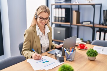 Young blonde woman call center agent working at office