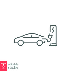 Naklejka premium Electric car pump line icon. Outline style. Charge, green energy, hybrid, plug, charger, battery, lightning mark, auto concept. Vector illustration isolated on white background editable stroke EPS 10