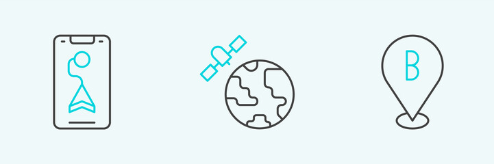 Set line Location, City map navigation and Satellites orbiting the planet icon. Vector