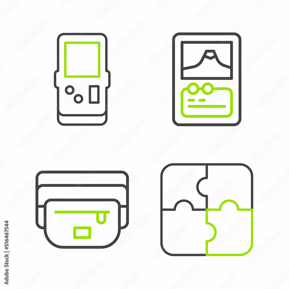 Poster Set line Piece of puzzle, Waist bag banana, Card game and Tetris icon. Vector