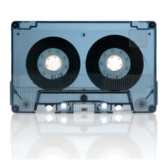 Vintage transparent compact audio cassette isolated on white background. Close-up.