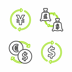 Set line Financial growth and dollar, Money exchange, Currency and Coin money with Yen icon. Vector