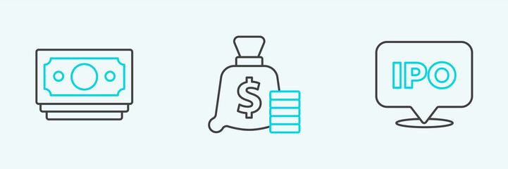 Set line IPO, Stacks paper money cash and Money bag icon. Vector