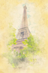 Fototapeta na wymiar Eiffel Tower in Paris - Watercolor effect illustration