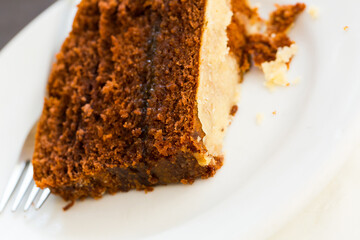 Slice of tasty chocolate orange cake, delicate sweet dessert ..