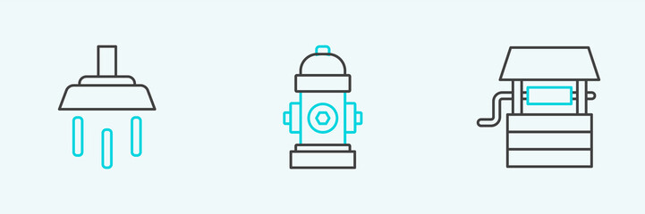 Set line Well with bucket, Shower and Fire hydrant icon. Vector