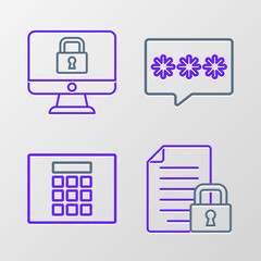 Set line Document and lock, Password protection, and Lock monitor icon. Vector