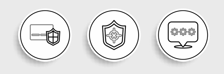 Obraz premium Set line Password protection, Credit card with shield and Shield icon. Vector