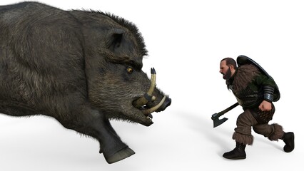 3d-illustration of an isolated fantasy illustration of a battle boar with a dwarf
