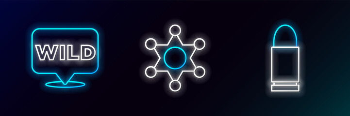 Set line Bullet, Pointer to wild west and Hexagram sheriff icon. Glowing neon. Vector