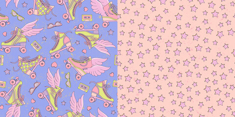 Retro style roller skates with and without wings. Vanilla delicate colors. Children's style. A set of two seamless patterns.
